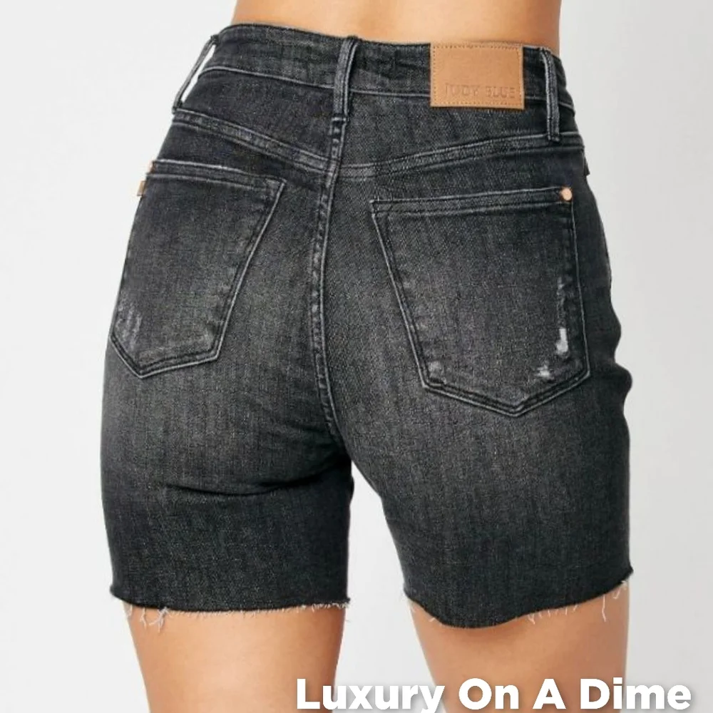 Judy Blue High Rise Tummy Control Denim Slim Black Distressed Frayed Jean Shorts